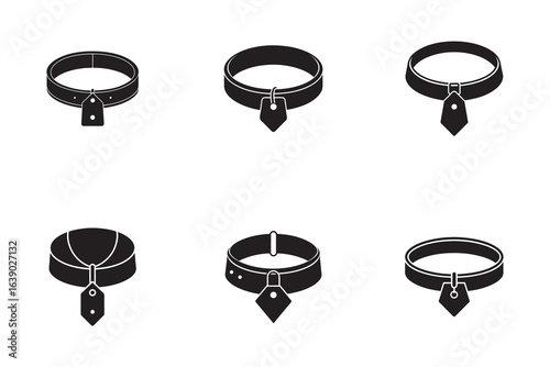 Collection of Black Silhouette Dog Collars with Tags Illustration Vector Graphic for Pet Accessories Design and Safety Awareness Campaigns