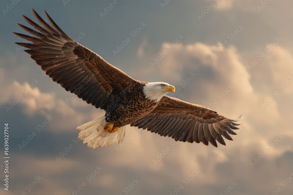 Naklejka premium Majestic bald eagle soaring with spread wings against dramatic sky, capturing powerful form and feather details during golden sunrise or sunset. Wildlife conservation symbol in natural habitat.