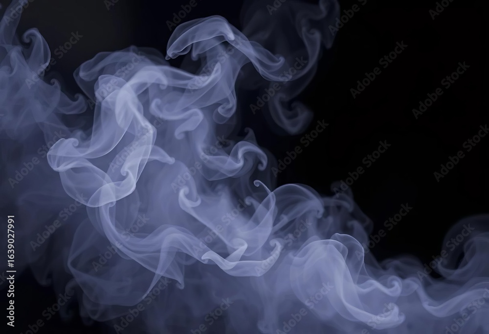 Fototapeta premium Ethereal smoky fog swirls on black, creating a misty, textured background, dramatic, translucent