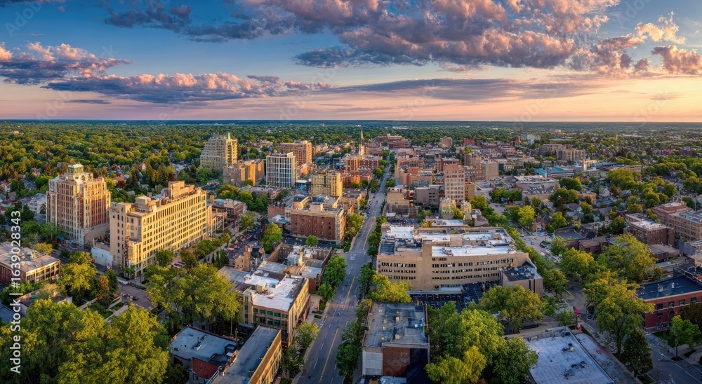Naklejka premium Aerial view of a city at sunset. Urban sprawl, street network, residential and commercial buildings. Lush green trees and foliage throughout. Dramatic clouds and warm sunset hues