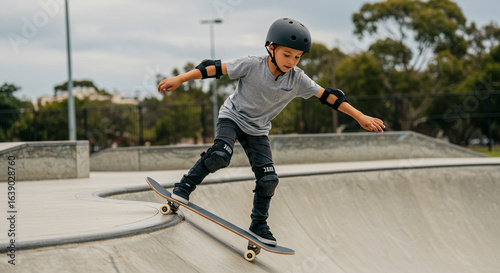 A boy wearing a helmet and pads is riding his skateboard on the edge of a concrete bowl at a skatepark on an overcast day