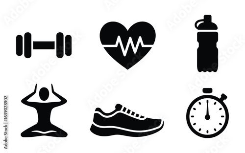 Solid Black Vector Icons – Dumbbell, Heart Rate, Water Bottle & More, health, fitness, dumbbell, heart, heartrate, waterbottle, yoga, pose, running, icons set, vector.