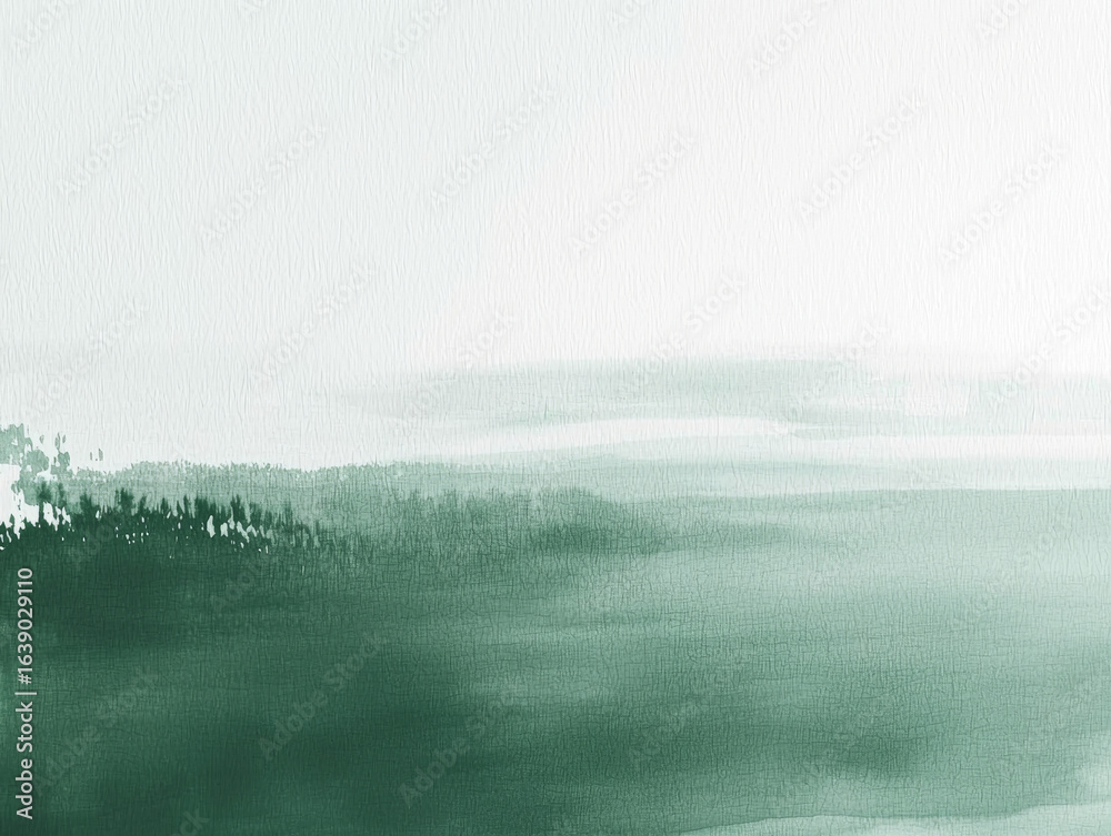 Fototapeta premium Abstract watercolor landscape: serene greens, misty horizon