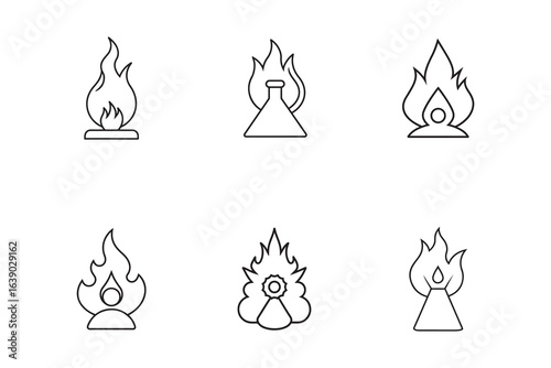 Collection of Different Fire Line Icons Depicting Heat Flames and Burning Elements for Graphic Design and Creative Projects