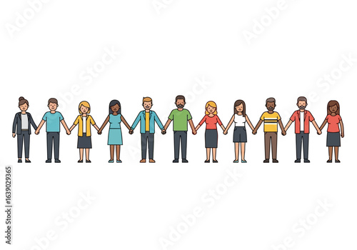 Diverse group holding hands in unity. Suitable for promoting teamwork, diversity, unity, social issues, togetherness, and equality themes.