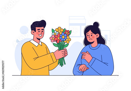 Man gratefully offers vibrant flower bouquet to woman. Suitable for romantic concepts, relationship themes, giftgiving, love declarations, biodiversity campaigns.