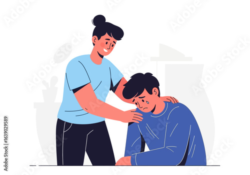 Compassionate woman consoles a grieving man by placing her hand on his shoulder. Suitable for counseling or support concepts.