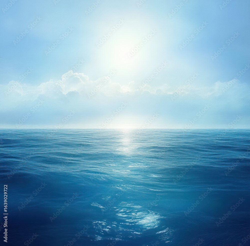 Obraz premium Bright sun shining over calm ocean waters with a clear blue sky and distant clouds creating a peaceful serene atmosphere