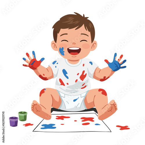 A creative preschooler drawing with colorful paint and pencils on a table