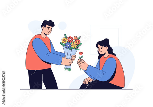 Man gives bouquet to woman indoors, she happily smiles, suitable for romance, relationships, giftgiving, love concepts in marketing materials.