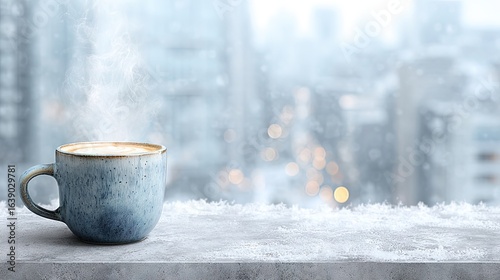 Fototapeta Naklejka Na Ścianę i Meble -  Steaming hot coffee in ceramic blue mug on snowy balcony railing with blurred city skyline background creating cozy winter morning atmosphere