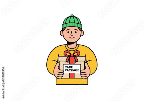 Smiling man in green hat holding care package, great for portraying kindness, generosity, charity, giving, help, support, care.