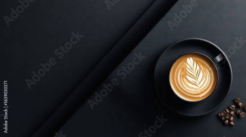 Minimalist flat lay of a black cup and saucer with latte art, accompanied by coffee beans on a dark background for a sleek modern look