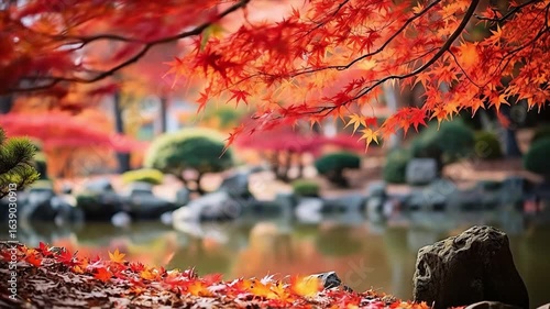 日本庭園と紅葉したカエデ、秋の動画