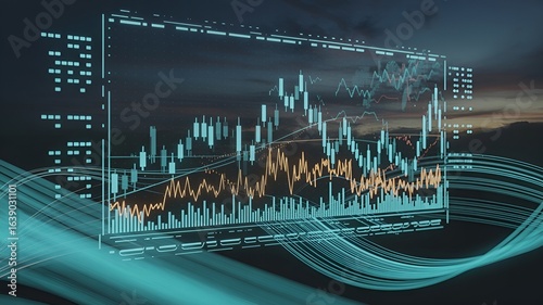 Digital financial graph chart with the abstract flowing background.