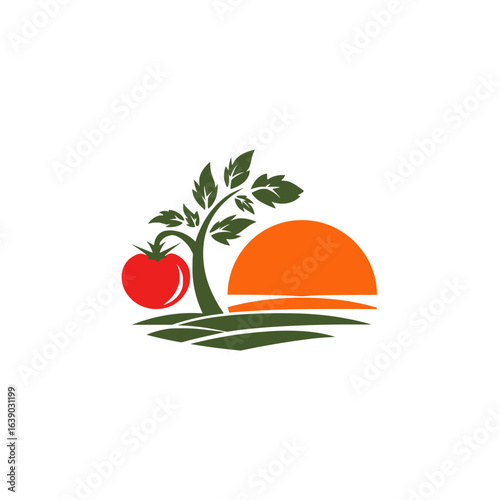 Modern Farm Logo – Tomato Tree with Sunrise, featuring a stylized red tomato growing on a green leafy tree set against an orange sunrise over farmland, symbolizing freshness, agriculture, and organic 