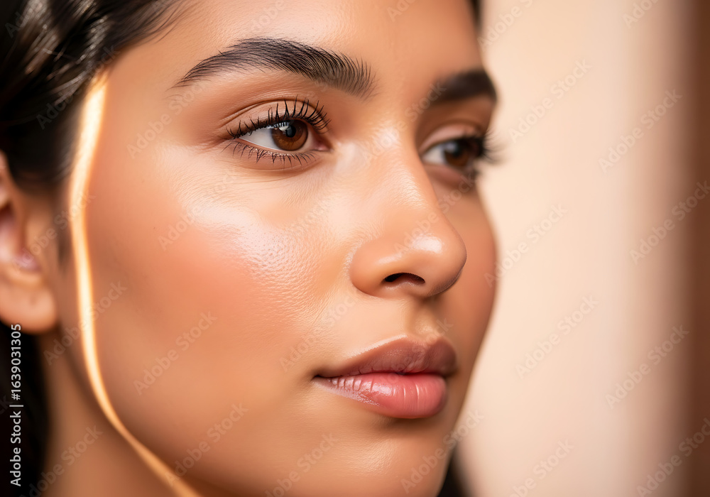 Close-up portrait of a young woman with glowing skin, looking slightly off-camera, with a beam of light across her face. Close-up portrait of a young woman with glowing skin, looking slightly off-camera, with a beam of light across her face.
