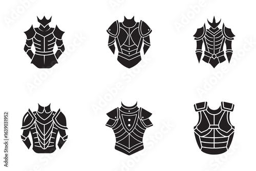 Collection of Knight Armor Silhouettes for Fantasy Games and Medieval Designs Featuring Intricate Details and Black Color Isolated on White Background