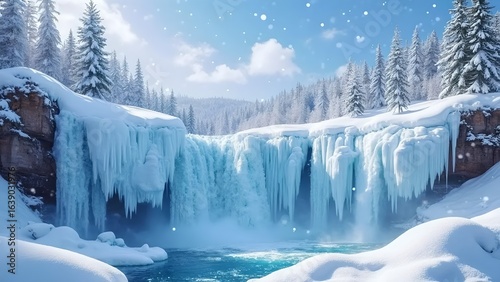 frozen waterfall with turquoise pool in snowy winter forest