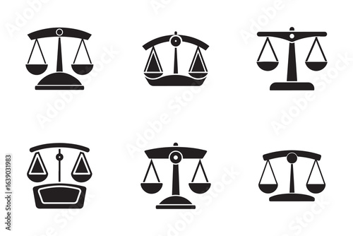 Collection of Justice Scales Black Silhouette on White Background Law Firm and Legal Services Icons Set Symbolizing Fairness and Balance