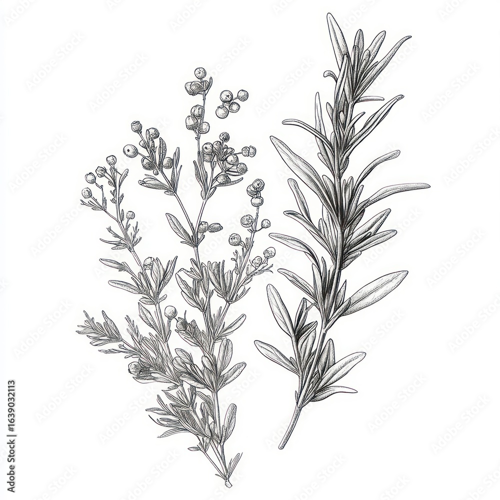 Naklejka premium Detailed black and white botanical illustration of two different herb branches with small rounded berries and slender leaves, showcasing natural textures and fine linework