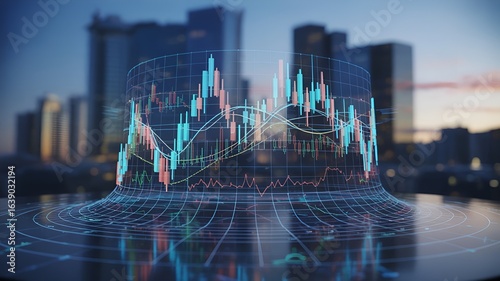 Futuristic financial data analysis in the city.