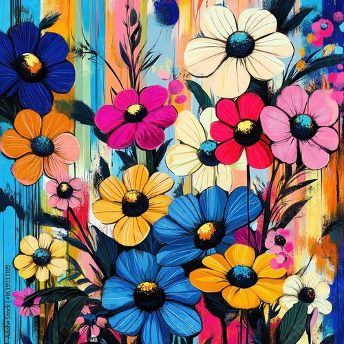 Vibrant colorful floral composition with large layered petals and dark centers set against a bold striped abstract background creating lively and cheerful mood