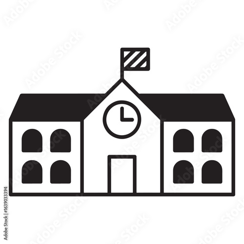 Stylized School Building Illustration with a Flag, Clock Tower, and Classical Arch Window Design Ideal for Education Materials