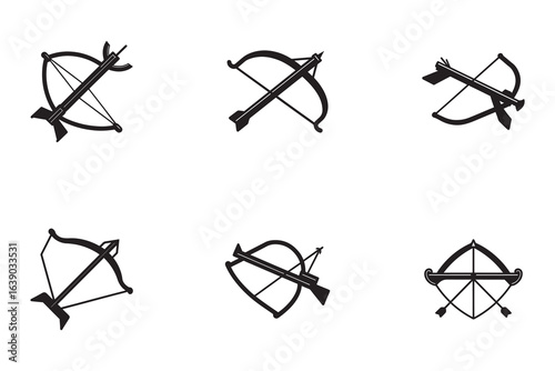 Collection of Medieval Crossbows and Bows Black and White Isolated Design Elements for Historical Illustrations and Graphic Design
