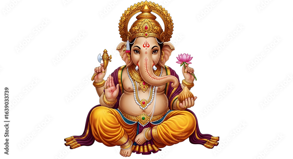 Obraz premium Ganesha the Hindu God of Beginnings and Remover of Obstacles, Hindu God Ganesha Seated in Lotus Position with Axe and Lotus Flower