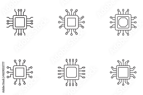 Collection of Microchip Icons Representing Advanced Technology and Integrated Circuits for Electronics and Computing Applications Set of Six Vector Graphics
