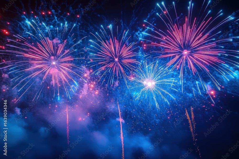 Fototapeta premium Colorful pink and blue fireworks exploding in the night sky over smoky clouds, creating a festive and vibrant atmosphere