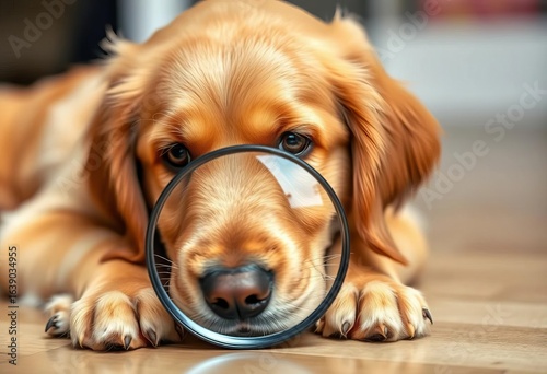 A playful golden retriever searches intently with a magnifying glass, animal, discover
