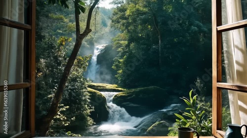 Rivers and streams nurturing life bringing warmth to homes. Serene Nature View through Window with Waterfall and Lush Greenery