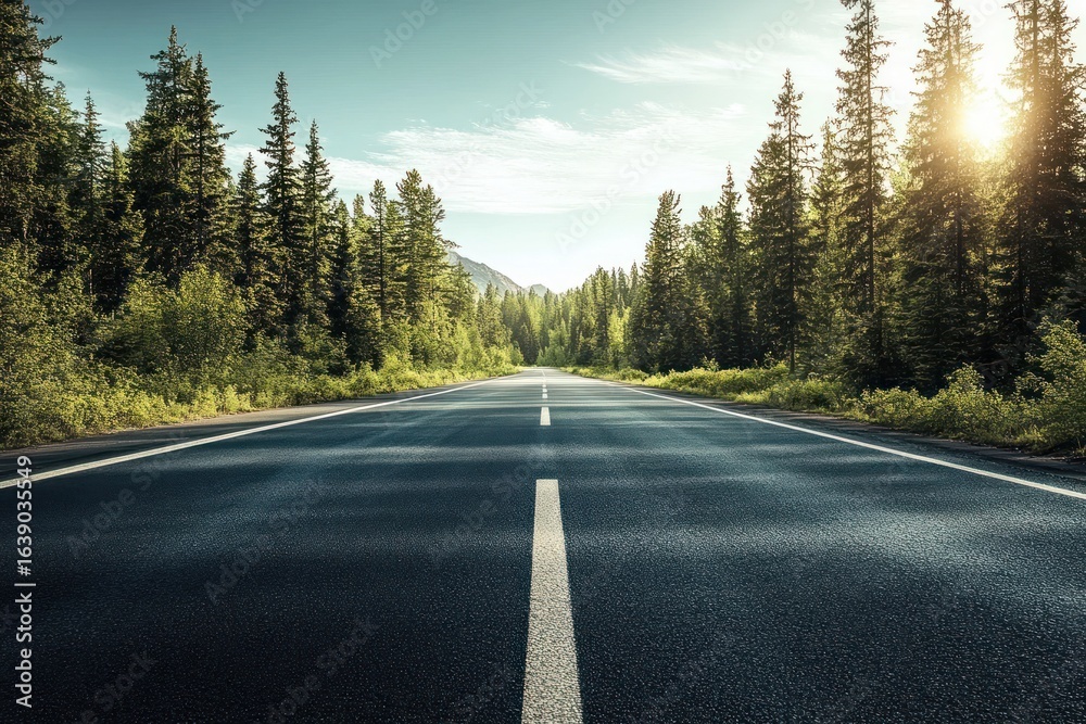 Naklejka premium Empty paved road running through dense green forest with tall trees on both sides under a bright sky with sunlight shining