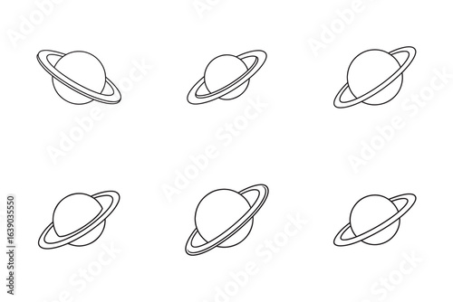 Collection of Minimalist Saturn Planet Icons in Black and White Space Exploration and Education