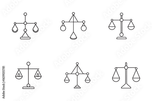 Collection of Minimalist Scales Illustrations Depicting Justice Fairness and Equilibrium in Different Designs on White Background