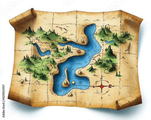 Wallpaper Mural A detailed hand-drawn treasure map featuring winding rivers, dense forests, mountain ranges, small islands, and a directional compass on aged parchment paper Torontodigital.ca