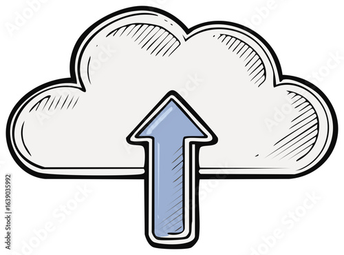 Hand-drawn illustration of a cloud with an arrow, representing data upload and information transfer.