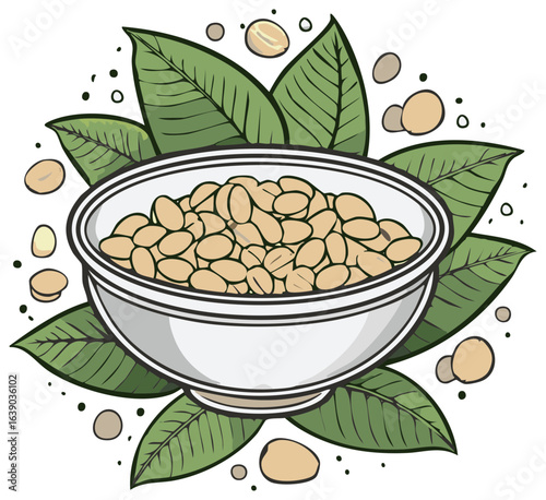 Bowl Full of Beans with Green Leaves Botanical Style Illustration Food Art