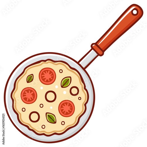 Hand drawn pizza with tomatoes and basil in a frying pan cooking illustration