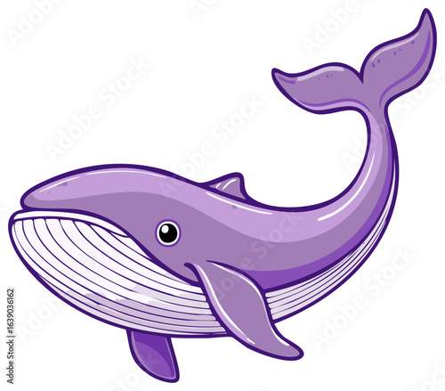 Friendly cartoon whale illustration in a cute purple color swimming happily marine animal character