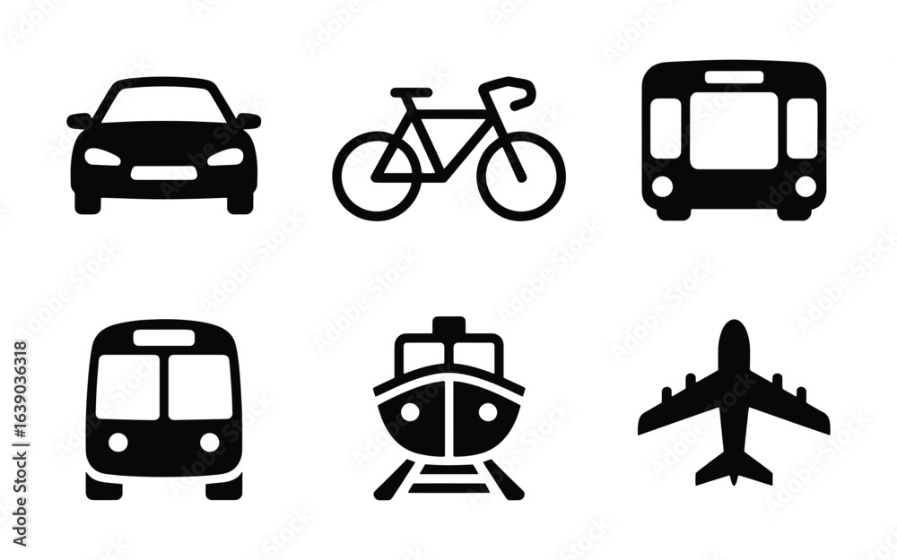 Naklejka premium Black Vector Silhouettes – Ship, Airplane, Bicycle, Car, Bus & Train, transportation, vehicle, car, bus, bicycle, train, ship, airplane, travel, transit, silhouette, icon, vector, flat, black