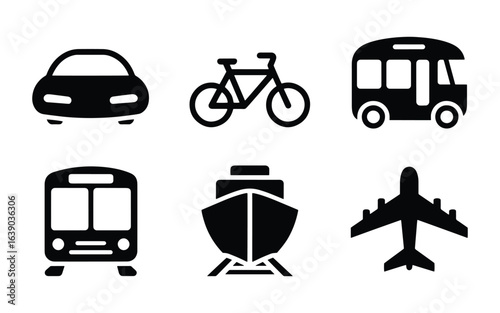 Modern Transportation Silhouette Icons – Car, Bus, Train, Bicycle & More, transportation, vehicle, car, bus, bicycle, train, ship, airplane, travel, transit, silhouette, icon, vector, flat, black