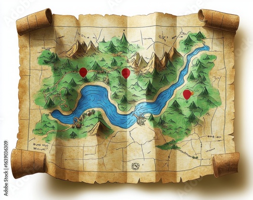 A detailed hand-drawn vintage map showing rivers, mountains, forests, small settlements, roads, and three red location markers on aged parchment paper with curled edges