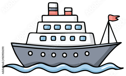 Cartoon cruise ship illustration with flag and waves, nautical vessel for travel, isolated on white background