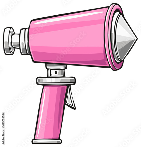 Bright pink cartoon style telescope or spyglass device for exploration and discovery visual