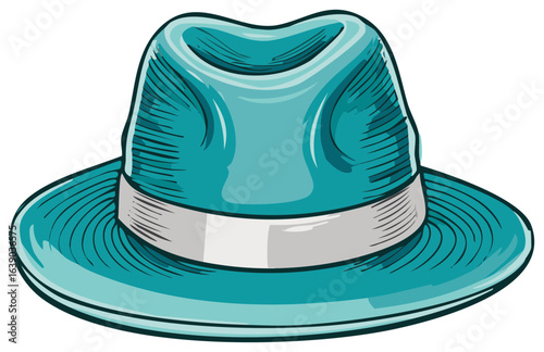 Stylish turquoise fedora hat with a classic brim in a hand drawn vector illustration