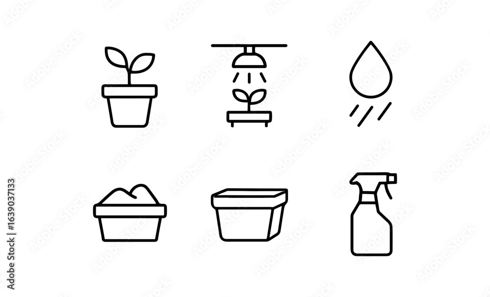 Essential gardening tools and supplies for indoor plant care in outline style