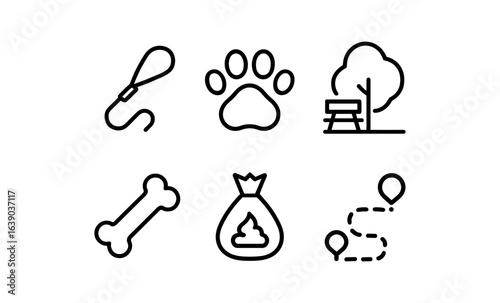Pet care icons: outline style for dog walking and park activities